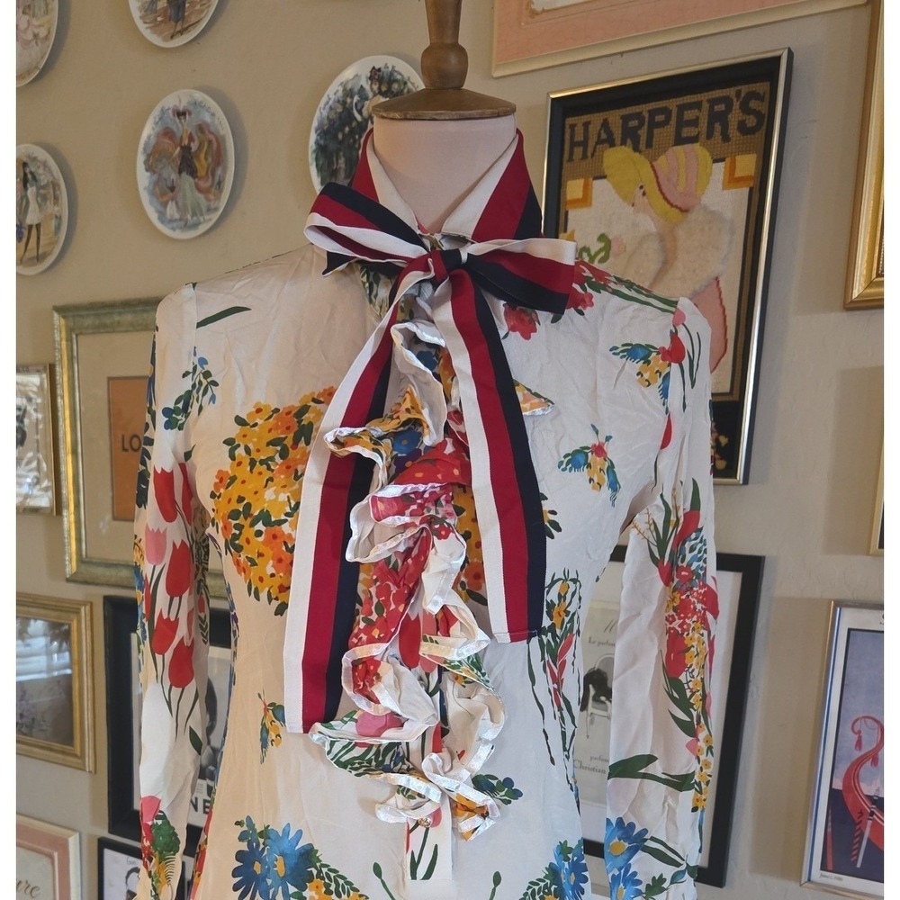 Gucci Silk Floral Butterfly Print Ruffle Bow Mini Dress 434347 Ivory S - Picture 3 of 9